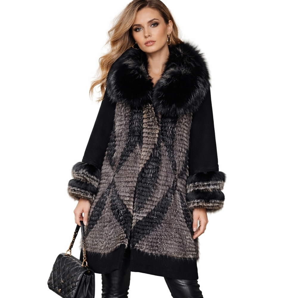 CARMEN MARC VALVO Cashmere Coat Fox & Beaver Fur Mob Wife Aesthetic Black S M